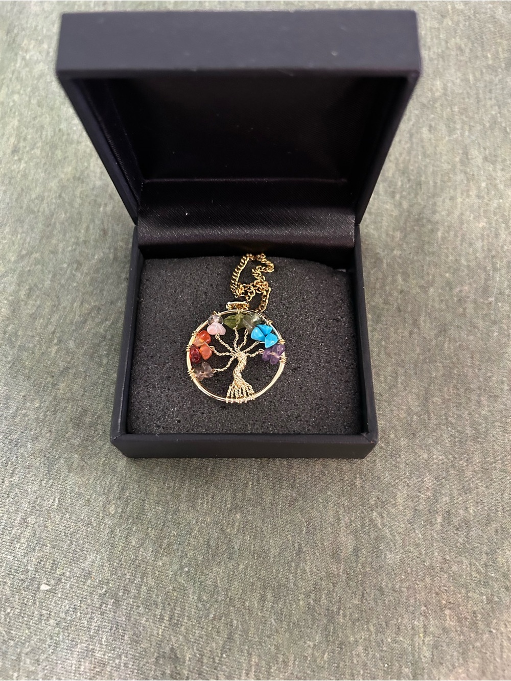 Gold Tree of Life Pendant Necklace with Multicolor Gem Accents